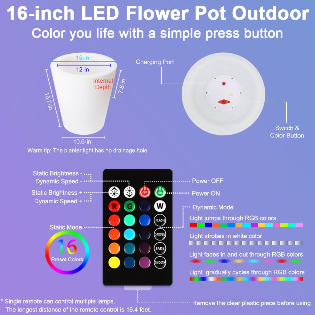 16-in Round LED Flower Pot Outdoor, Large Rechargeable LED Planter Light w/Remote, Dimmable RGB Color Changing Illuminated Planter, Modern Waterproof Light Up Plant Pot for Home Balcony Porch Yard
