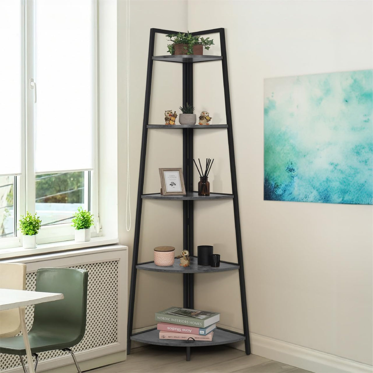 CAPHAUS Tall Corner Shelf Stand, 5-Tier Display Shelves, Ladder Corner Wood Storage Plant Bookshelf with Metal Frame, Versatile Shelving Unit Bookcase for Home Office Space, Dark Grey