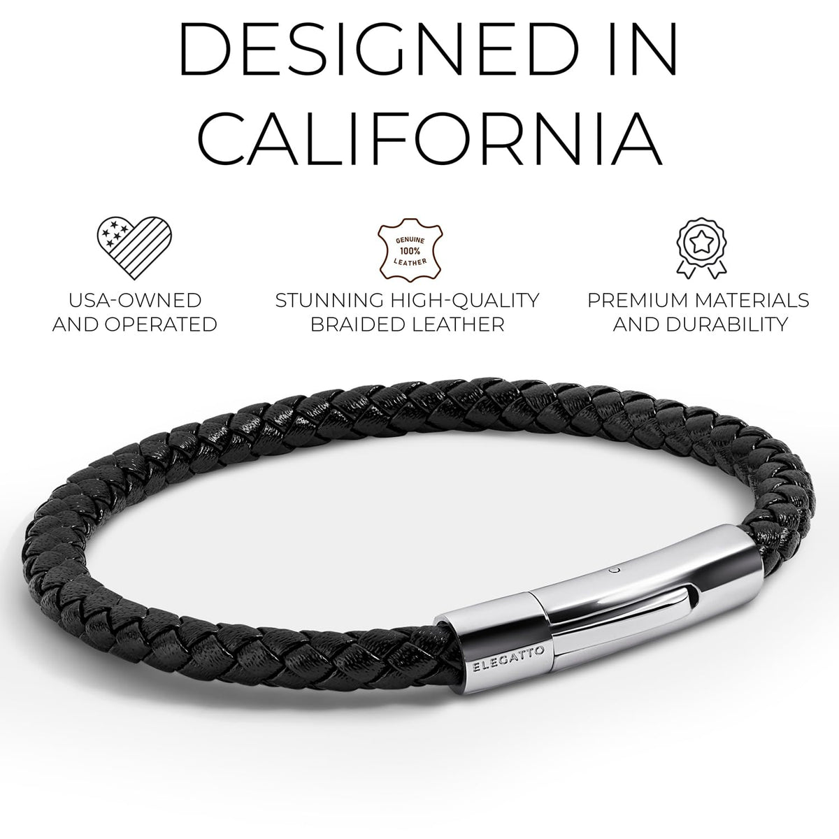 Elegatto Elagio Premium Braided Leather Bracelet for Men | Full-Grain Braided Leather with Sterling Silver Polished Stainless Steel Clasp | Men’s Designer Bracelets | Extra Large