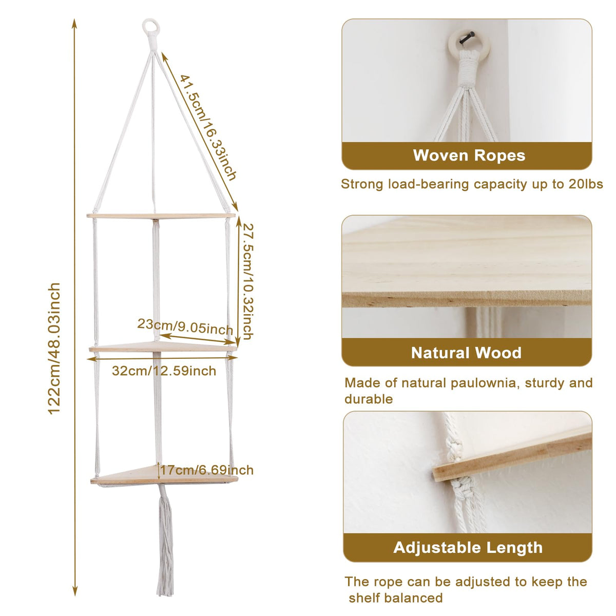 Artilady White Corner Floating Shelves Wall Hanging- Macrame 3 Tier Corner Shelf Plant Wall Decor Boho Rustic Wooden Storage Orgnizer for Bedroom Living Room Pots Photos