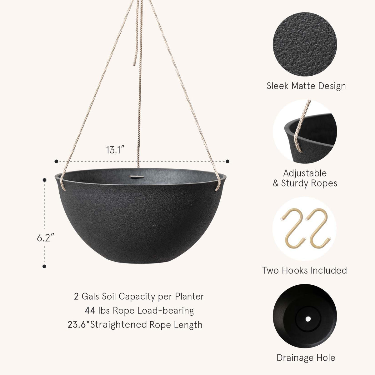 LA JOLIE MUSE Hanging Planters for Outdoor Plants, Large Hanging Planter with Drain Holes, Black Hanging Flower Pots (13.2 Inch, Set of 2)