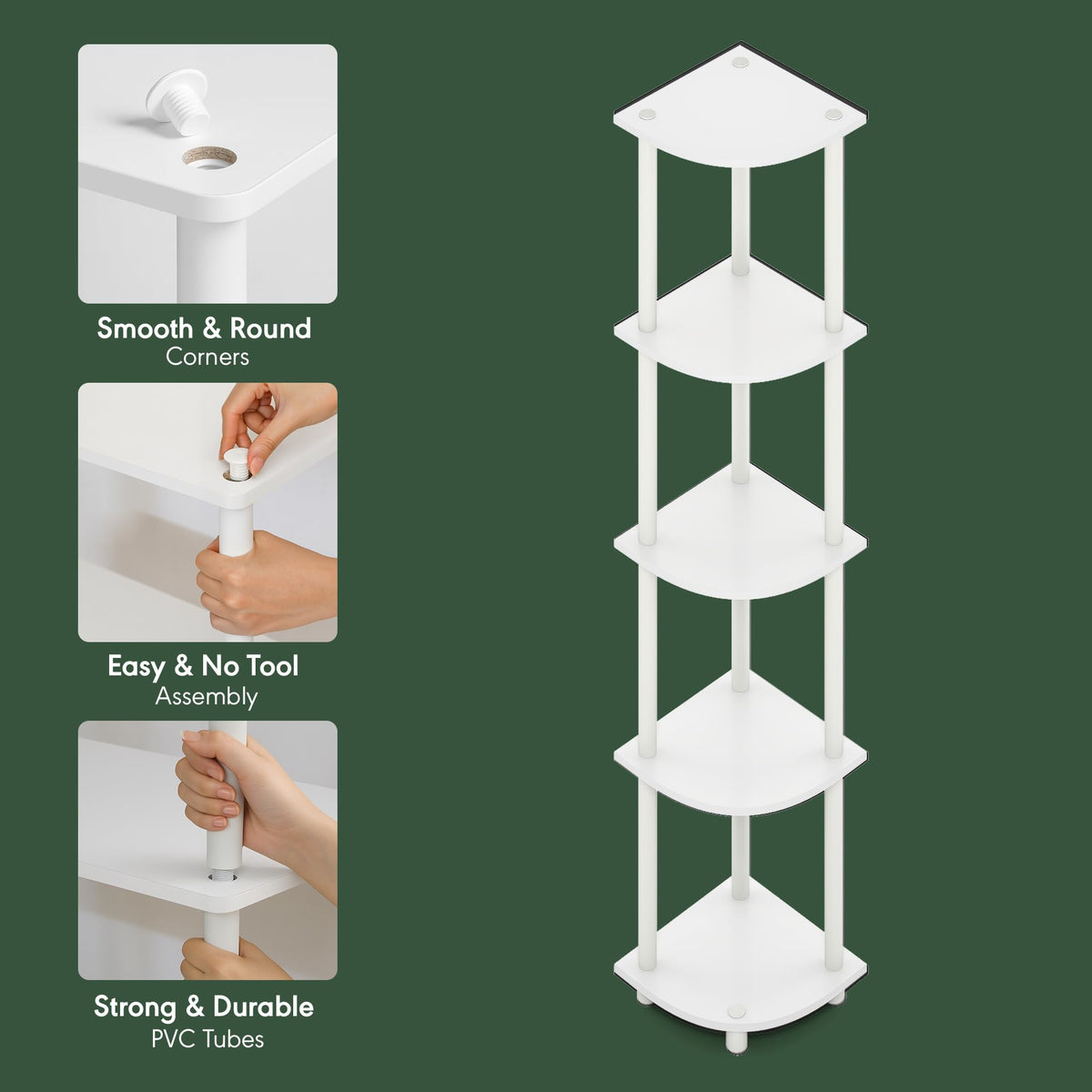 Furinno Turn-N-Tube Corner Shelf, 5-Tier Corner Bookshelf, Open Storage Shelves, for Organization and Storage, Living Room, Home Office, Garage, Bedroom, Plain White