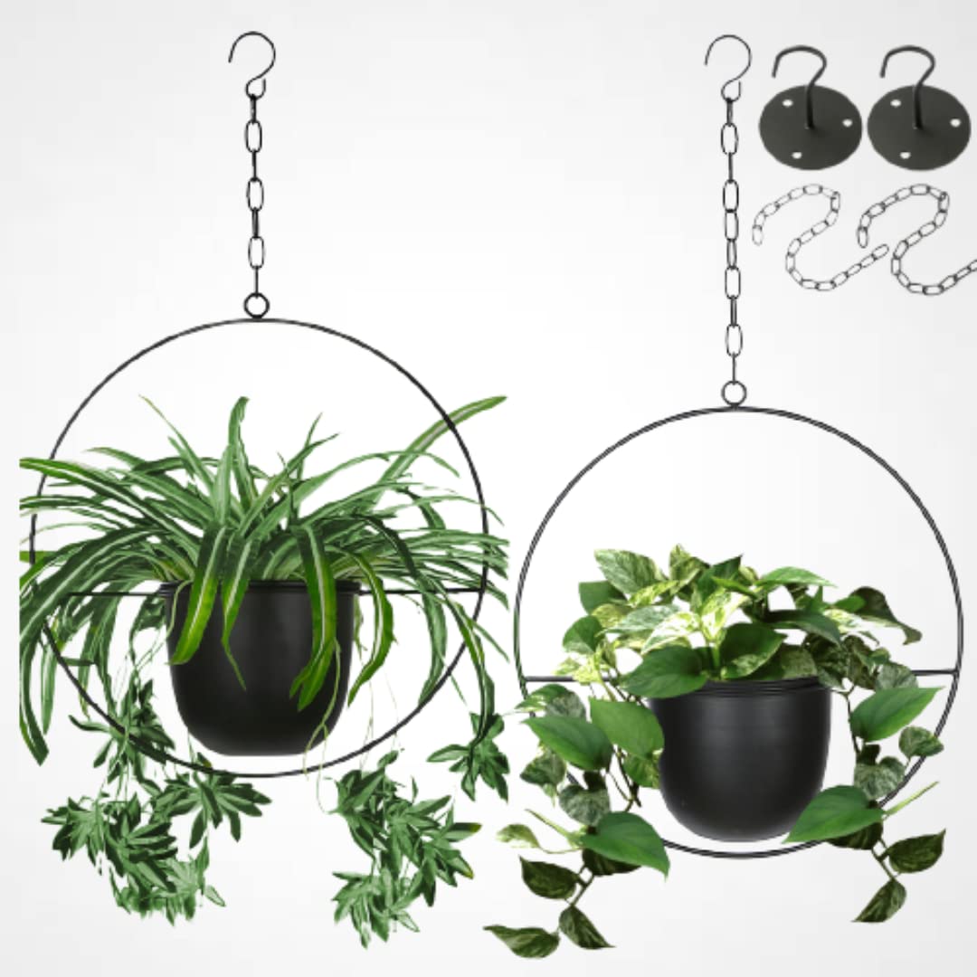 Shineloha 2 Pack Hanging Planters for Indoor Plants with 5.5" Pot + Ceiling Hook + Extender Chain | Hanging Plant Holder, Metal Minimalist Planter, NO Plant incld