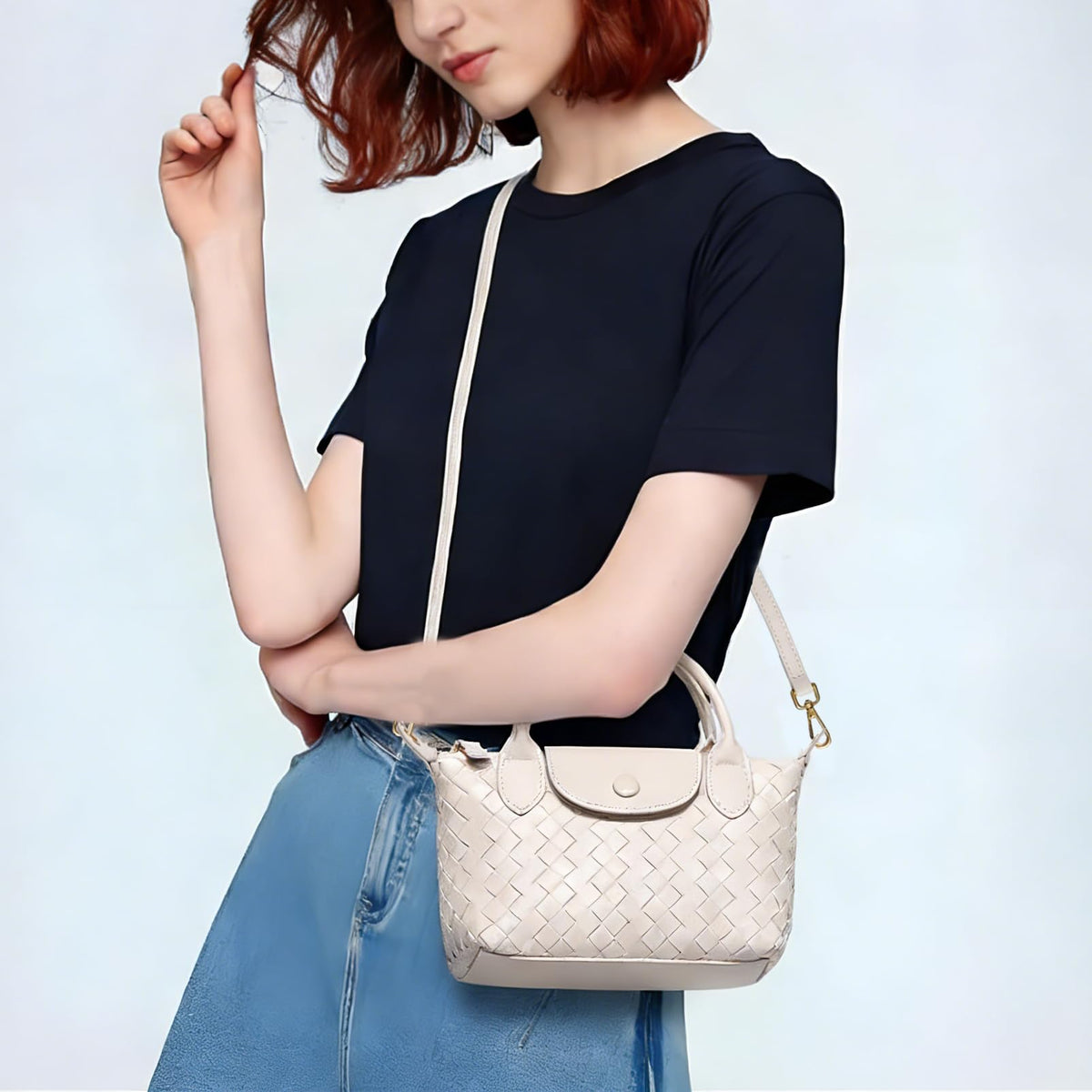 Small Vegan Leather Crossbody Bags For Women, Mini Woven Dumpling Handbag, Cute Top Handle Shoulder Purse For Travel Dating (Off White)