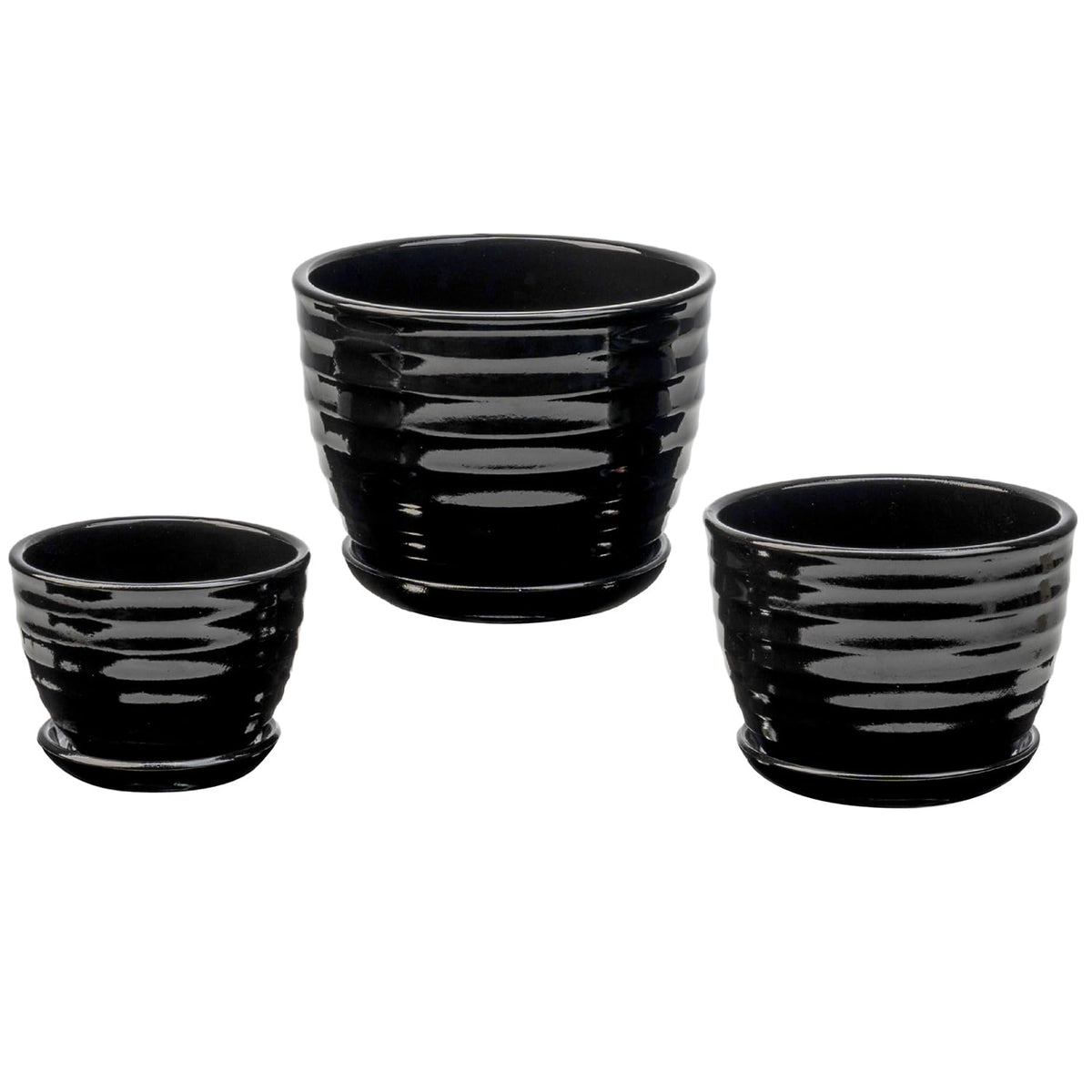 MyGift Black Ceramic Pots for Plants, 6.7+5.6+4.5 inch Flower Pots, Plant Pots Indoor with Drainage Holes and Tray, Garden Planters for Succulent and Flowers, Set of 3