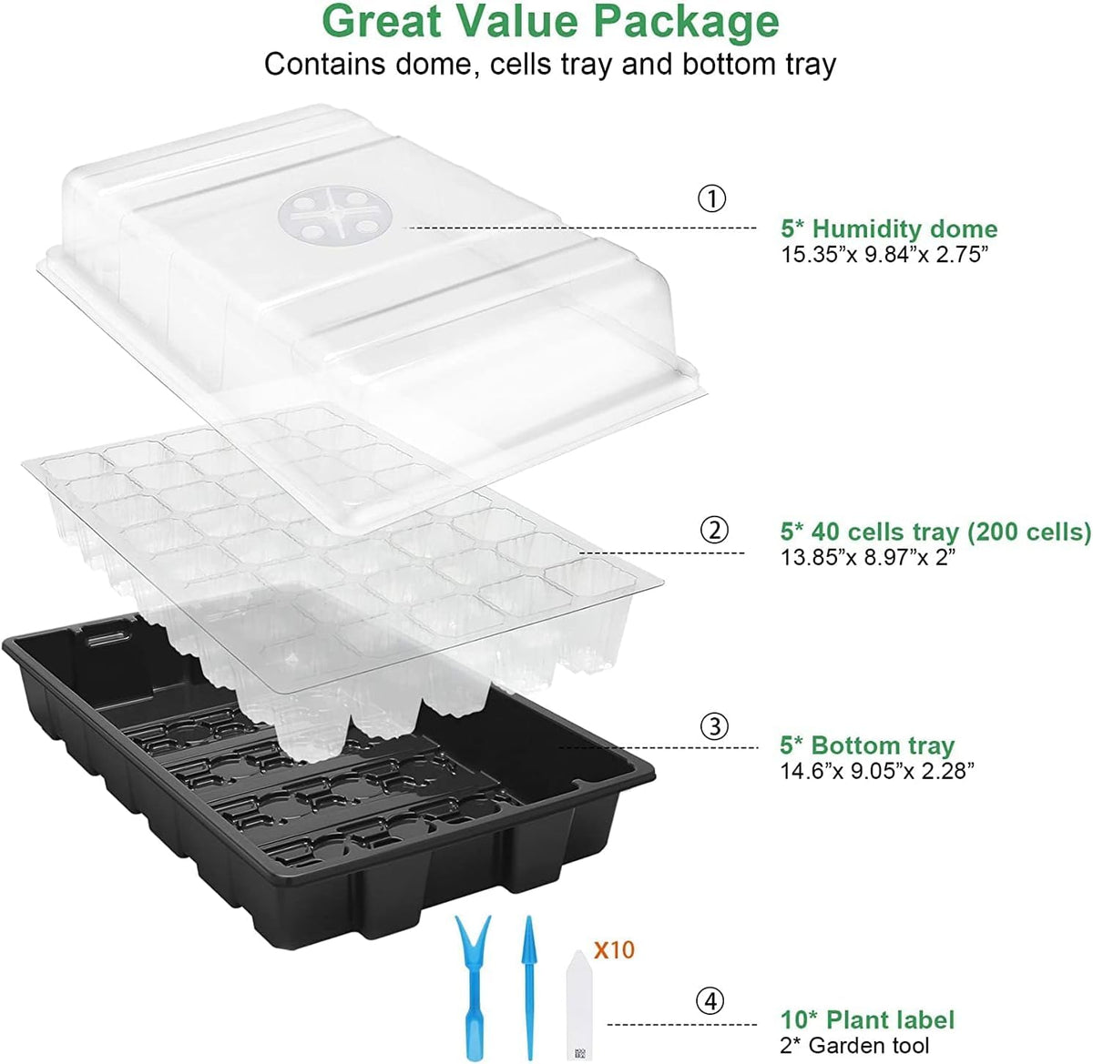 MIXC Seedling Trays Seed Starter Tray, 5-Pack Mini Propagator Plant Grow Kit Greenhouse with Humidity Vented Domes and Base for Seeds' Starting (40 Cells Per Tray, Total 200 Cells), Black