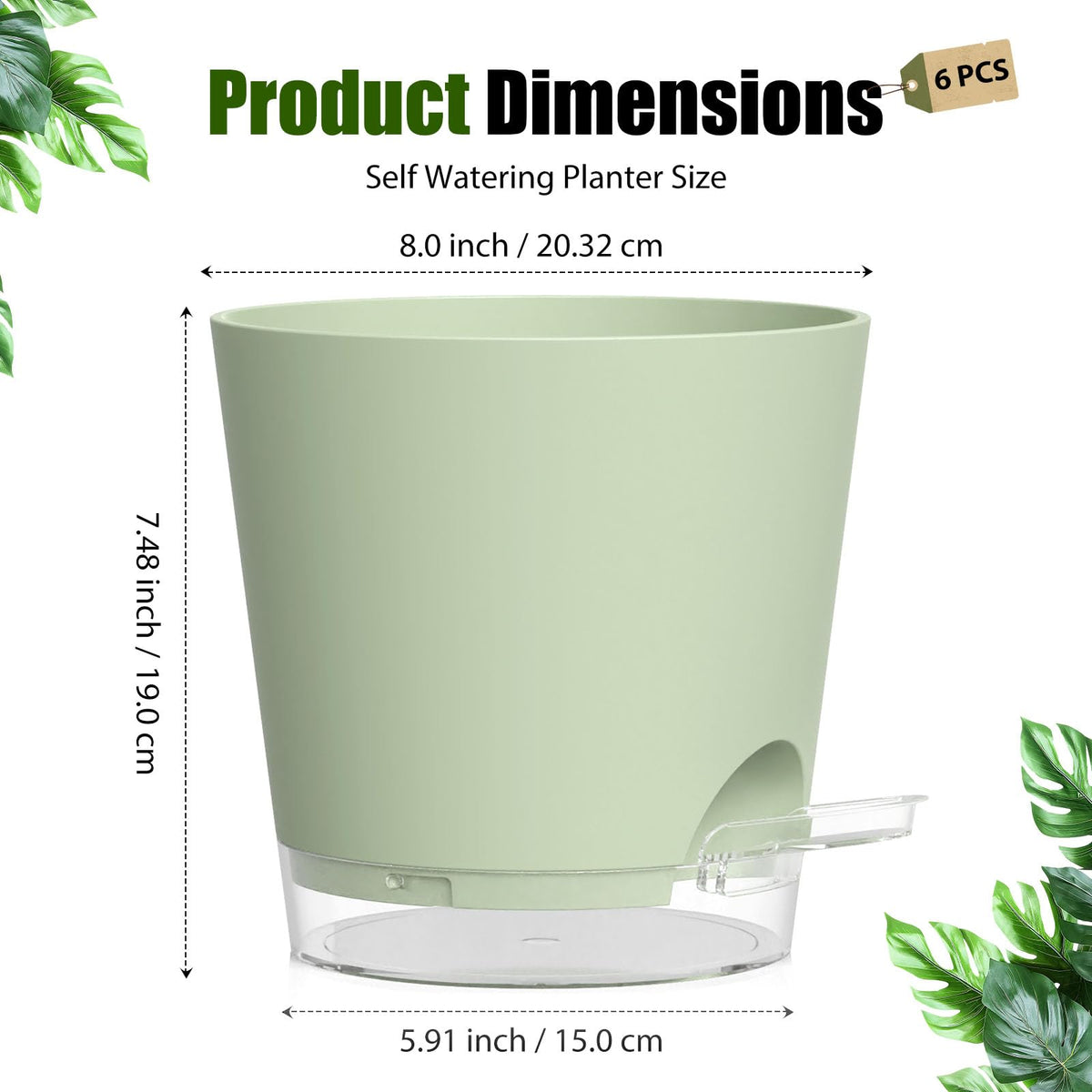 SQKH Plant Pots 8 Inch Self Watering Pots, 2 Pack Plastic Planters with Drainage Holes and Clear Saucers,Plastic Flower Pots for Indoor Out Door Plants (Green)