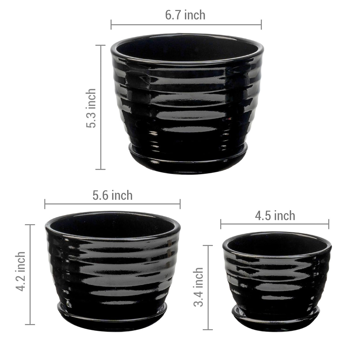 MyGift Black Ceramic Pots for Plants, 6.7+5.6+4.5 inch Flower Pots, Plant Pots Indoor with Drainage Holes and Tray, Garden Planters for Succulent and Flowers, Set of 3