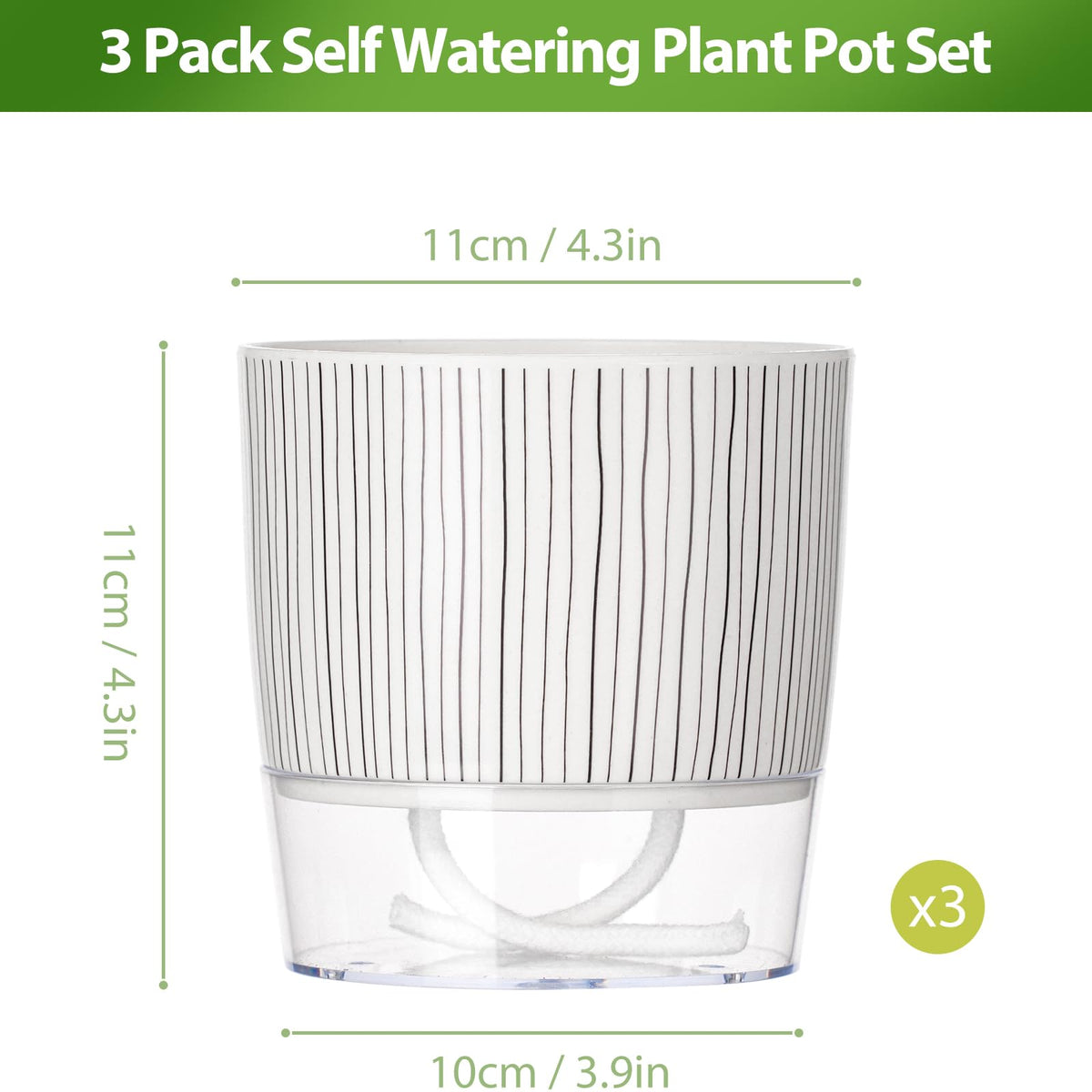 CWYEYE 3 Pack Self Watering Pots Set, 4 Inch Self Watering Pots for Indoor Plants, Planter Pot with Wick Rope and Reservoir for African Violet, Spider Plant, Orchid