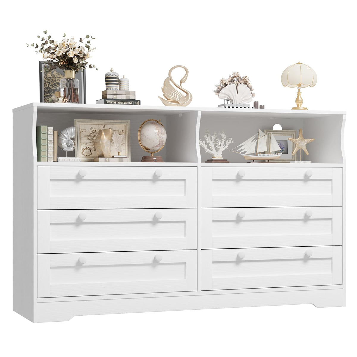 IDEALHOUSE 55" 6-Drawer Dresser for Bedroom – Wood Chest with Charging Station, LED Lights & 2 Storage Compartments, Modern TV Stand for Living Room & Hallway, White