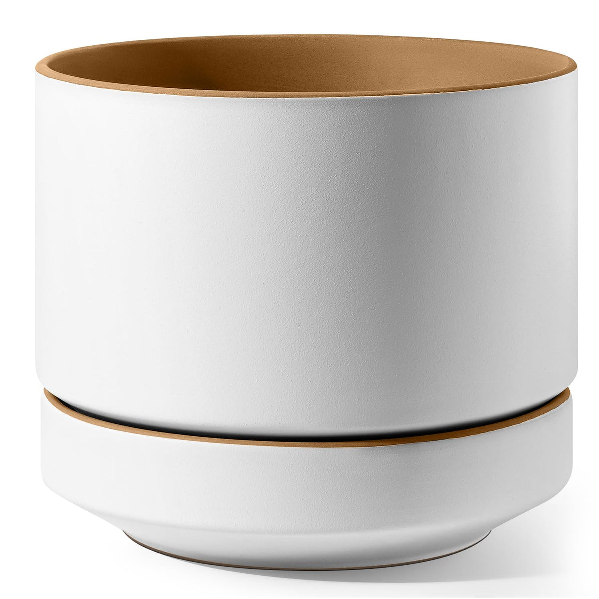LE TAUCI 12 Inch Pot for Plants with Saucer, Ceramic Indoor Planter Pot with Drainage Hole, Mesh Pad Included, Matte Glazed Outside, Modern for Home and Office, Alpine White & Ochre