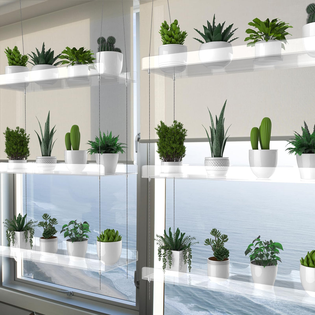 ZerzSemp 3-Tier Hanging Clear Plant Shelves for Windows, Acrylic Window Wall Plant Stand Shelf for Kitchen Indoor Gardens, Flower, Herb, Seedling Organization, and Pots Display, 16 Inch per Tier