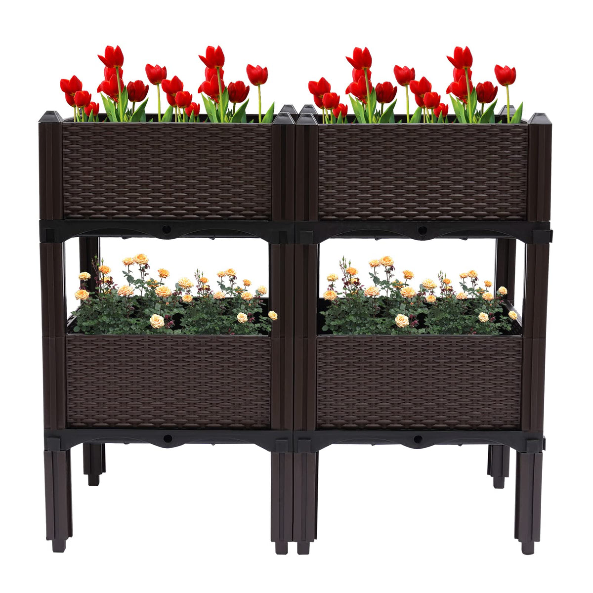 DYRABREST Set of 4 Raised Garden Bed Self-Watering Plastic Planter Box Stand with Legs, Sun and Frost Resistant Planter Outdoor Vegetable Growing Bed for Flower Herb Backyard, Patio, Balcony