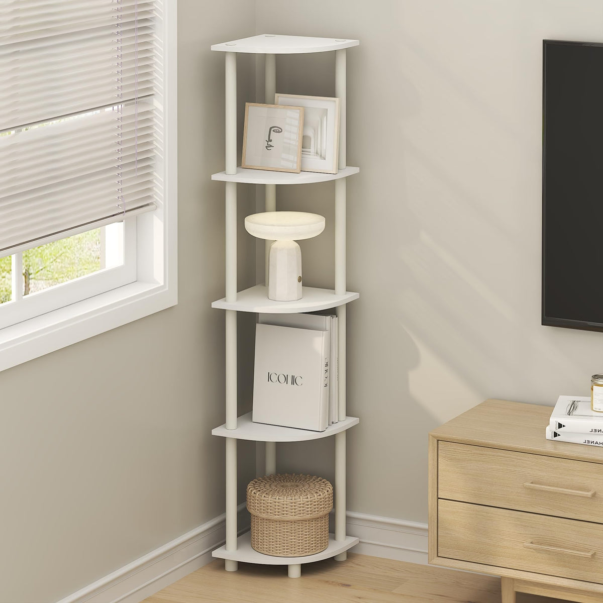 Furinno Turn-N-Tube Corner Shelf, 5-Tier Corner Bookshelf, Open Storage Shelves, for Organization and Storage, Living Room, Home Office, Garage, Bedroom, Plain White