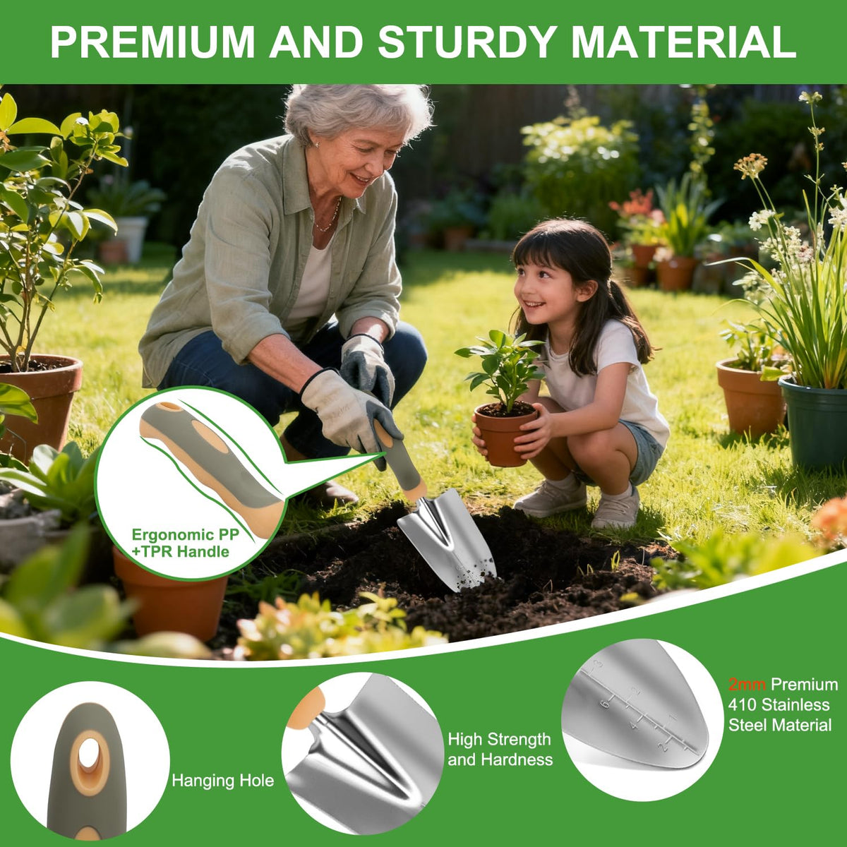 Yesker Gardening Tools 9-Piece Heavy Duty Garden Tool Set Gardening Supplies Gifts for Women Men Gardening Hand Tool Kit w Non-Slip Ergonomic Rubber Handle, Durable Garden Bag, Pruning Shears, Green