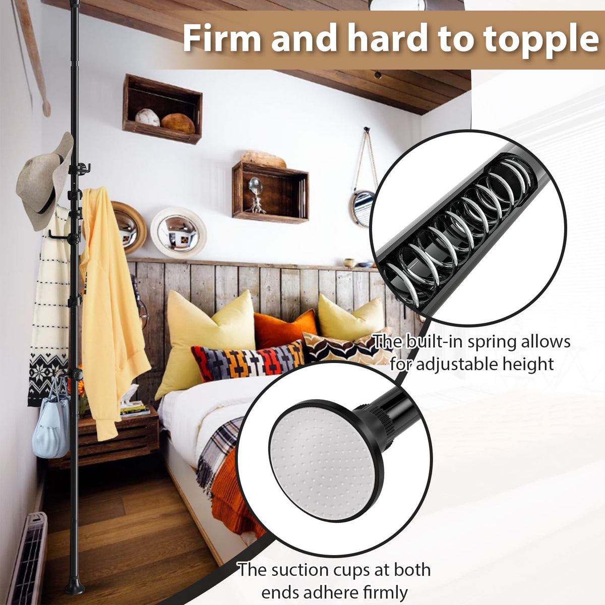 Sempicad Coat Rack Freestanding, 56 to 125 inch Adjustable Tension Rod Hanger with 12 Hooks for Hanging Coat, Plant,Jacket, Hat, Scarf, Suitable for Living Room, Balcony, Kitchen Black