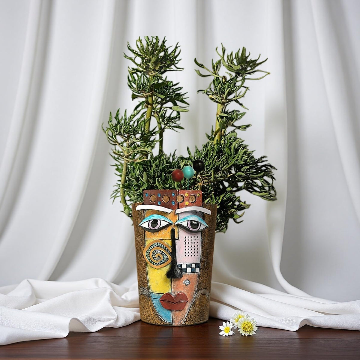 Yhupl Picasso Abstract Face Flower Pot,Plant Pot with Facial Expressions,Handmade Resin Plant Pot with Drainage Holes,for Indoor and Outdoor Botanical Home décor (Brown Large)