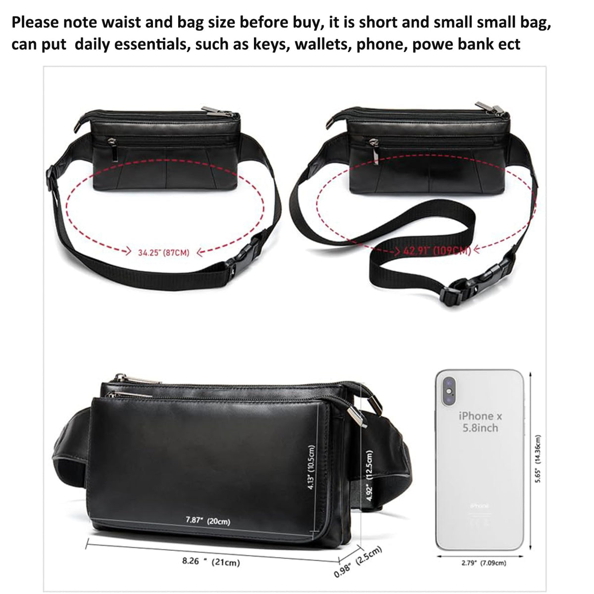 Niucunzh Small Leather Mens Fanny Packs for Women Lightweight Lambskin Leather Waist Bag Sport Men Crossbody Belt Purse Hip bags Hands-Free Bumbag Black