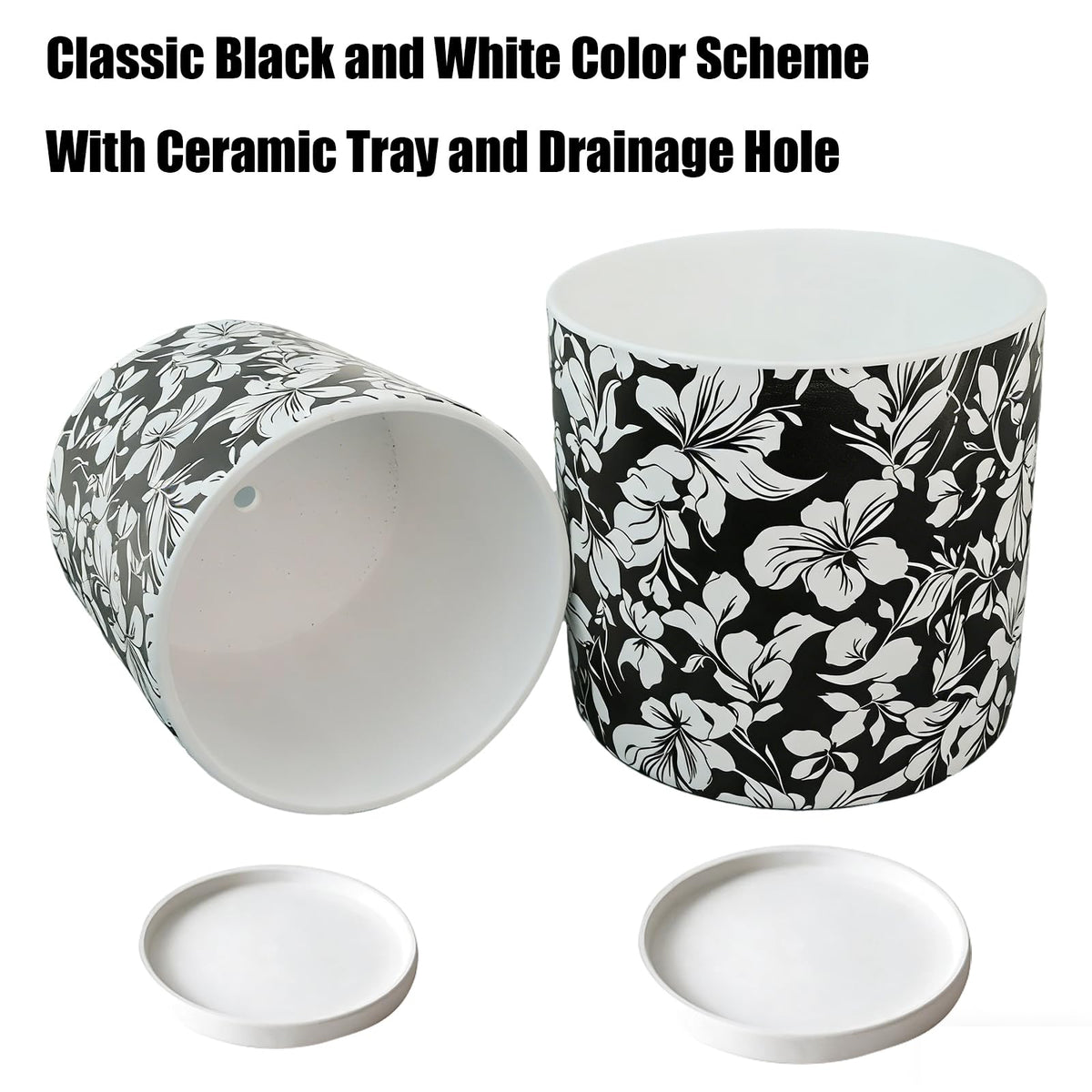 Ceramic Flowerpot Kit with Drainage Holes and Trays，5.9/4.9in Home Decor Planter for Indoor Potted Plants and Succulent Plants，2 Set of Black and White Plant Pot for Housewarming and Home Gifts