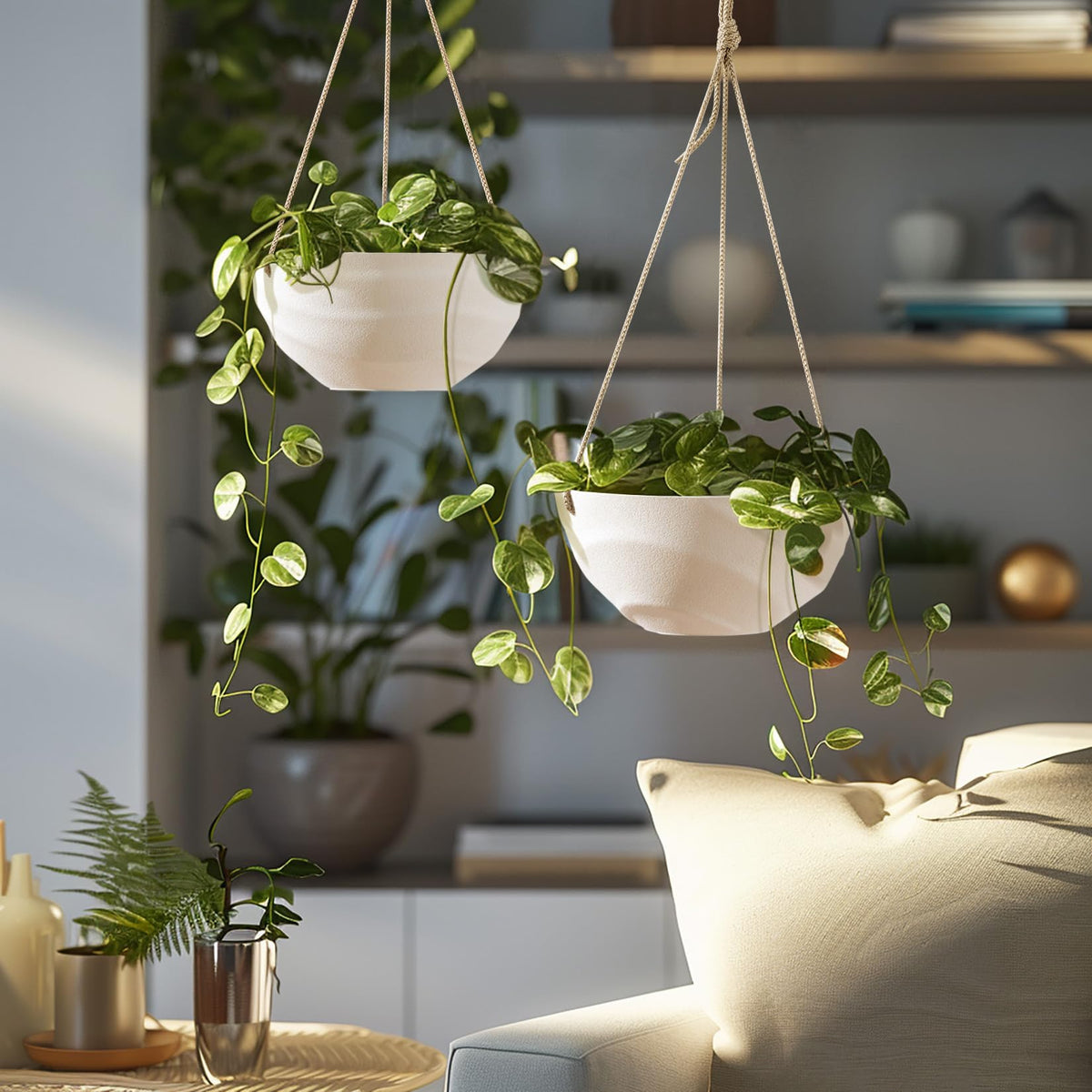 La Jolie Maison 10 Inch Hanging Planters for Indoor Plants, Outdoor Garden Planter Pots with Self-Watering Tray, Eggshell White, Set of 2