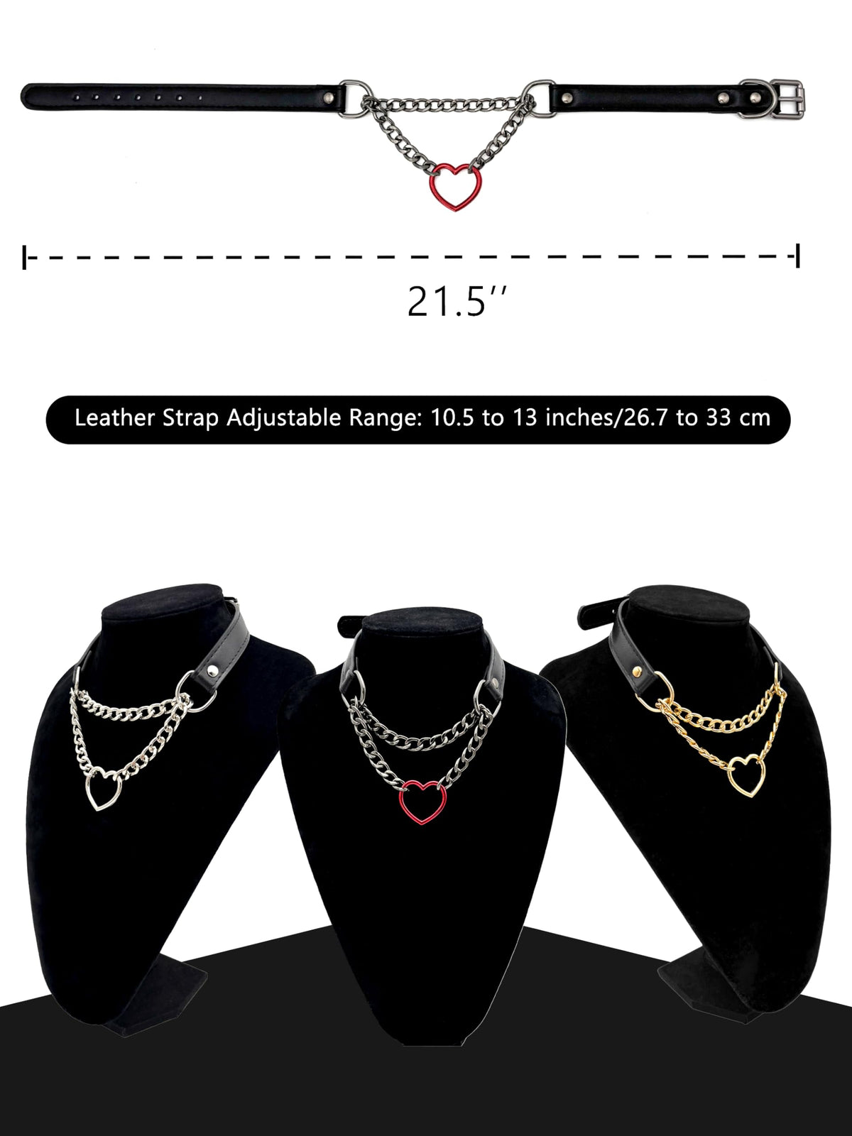 EverGlimp Heart O-Ring Slip Chain Choker Collar Necklace for Women, Adjustable Vegan Leather Punk Necklace with Swivel Clasp & Heart Charm