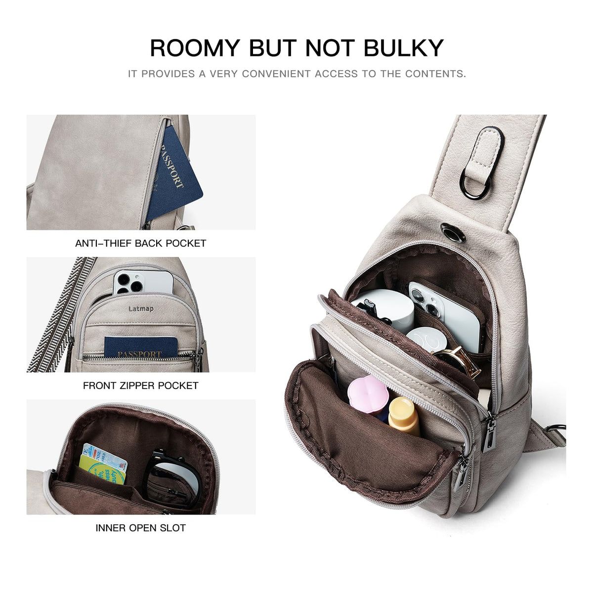 LATMAP 7L Sling Bag For Women Faux Leather Anti Theft Small Casual Daypack Backpack Fanny Pack Crossbody Chest Bags Purse Waterproof Light Grey