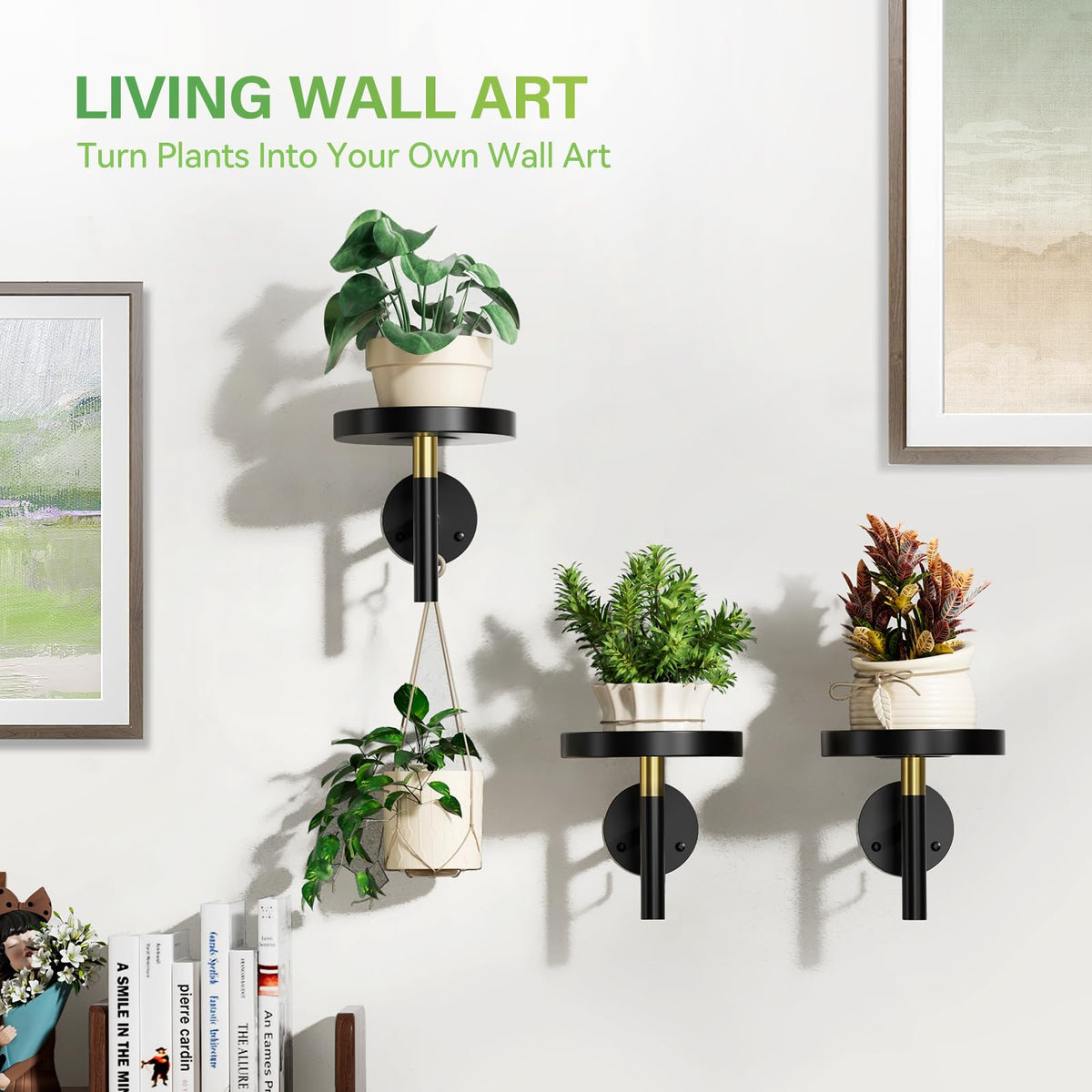 DELLAN Wall Plant Holder, 3 Pack Metal Wall Planters Stand Hanging Shelves for Indoor Plants, Window Sill Plant Decor for Bedroom, Bathroom, Living Room, Home, Office, BlackGold