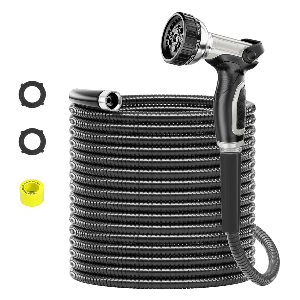 SPECILITE 50ft 304 Stainless Steel Garden Hose Metal, Heavy Duty Water Pipe with Nozzles for Yard, Outdoor - Flexible, Never Kink & Tangle, Puncture Resistant (Black)