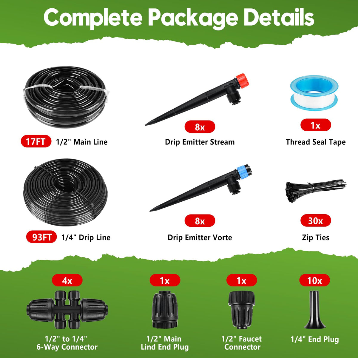 110FT Drip Irrigation System for Garden, Quick-Connect Automatic Garden Watering System with 1/2" & 1/4" Tubing and Accessories - Adjustable Sprinklers Kit for Greenhouse, Yard, Lawn, Raised Bed