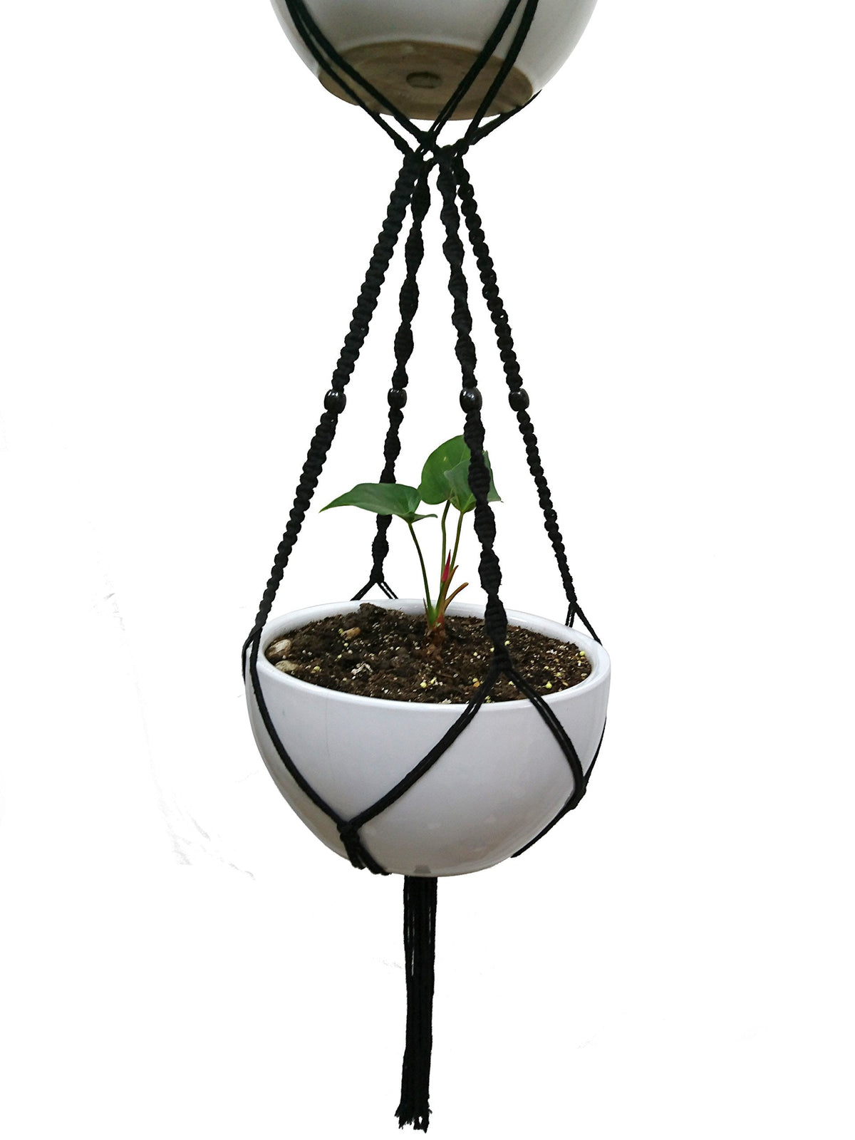 Macrame Plant Hanger & Holder, Hanging Planter 4 Legs Double Deck for 8 inch to 10 inch Two Pots Indoor Outdoor Hanging Planter Cotton Rope 67 Inch with Metal Ring (Cotton-Black)