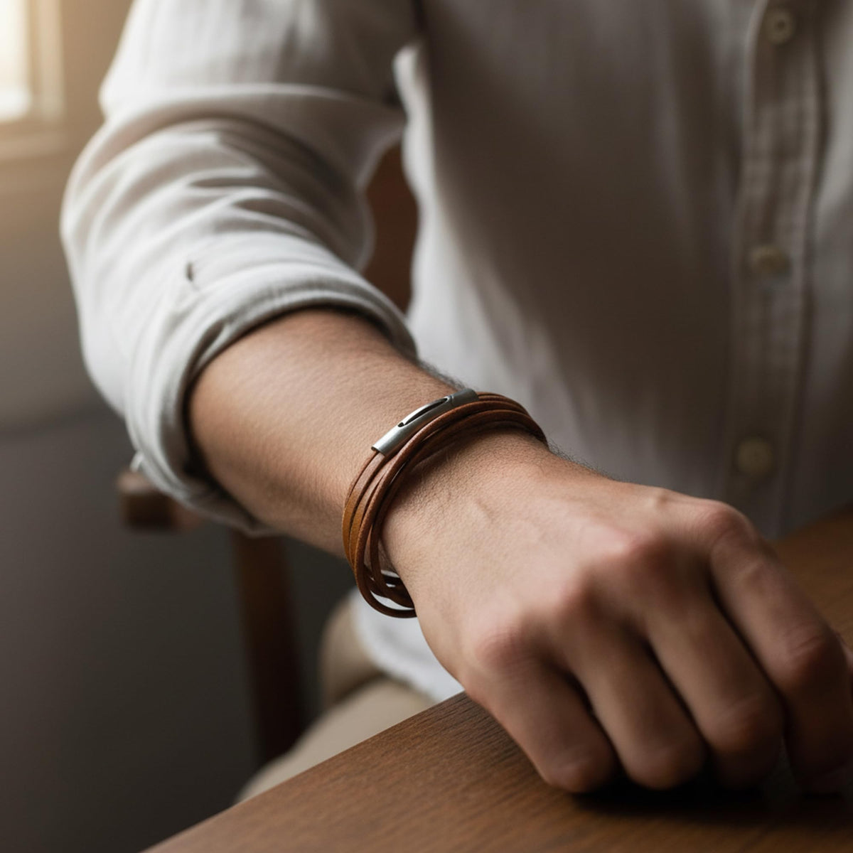 Leporem Unisex Genuine Cowhide Leather Wrap Bracelet Choker Minimalist Push-Lock Clasp Premium Surgical Steel Wristband 17.7 Inch Brown Gift Box (Brown, 17.7 Inches)