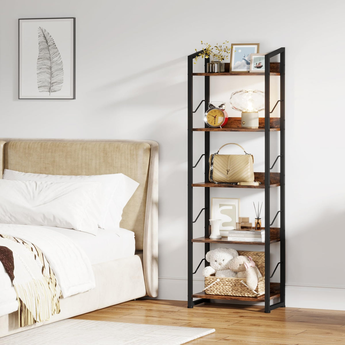 Hosfais 5 Tier Tall Bookshelf: Industrial Wood Book Shelf with Edge Protection Metal Narrow Bookshelf Bookcase Storage Organizer Display Rack for Living Room Home Office (Rustic Brown)
