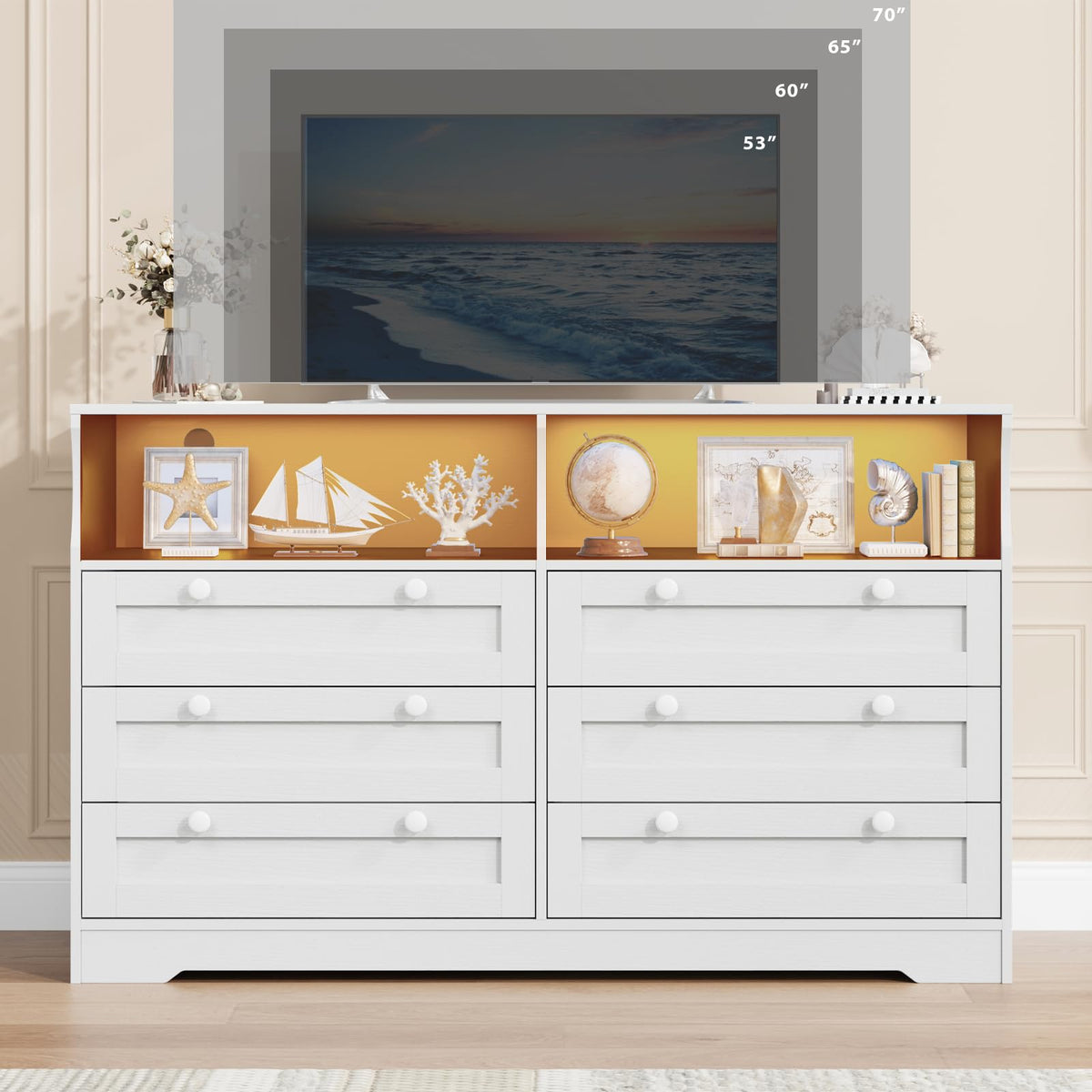 IDEALHOUSE 55" 6-Drawer Dresser for Bedroom – Wood Chest with Charging Station, LED Lights & 2 Storage Compartments, Modern TV Stand for Living Room & Hallway, White