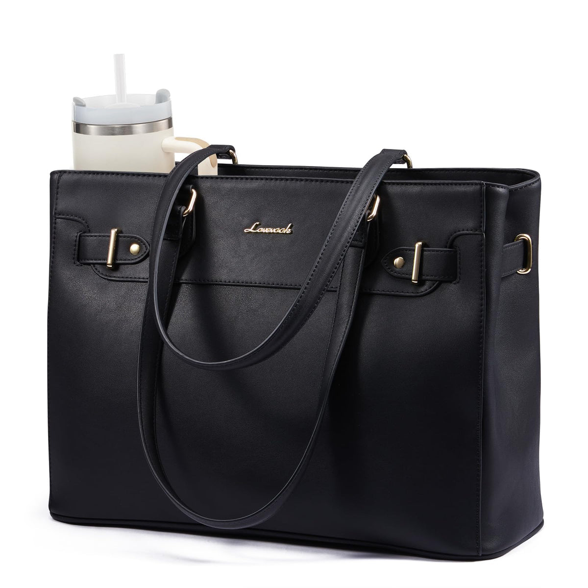 LOVEVOOK Laptop Tote Bag for Women Work, Teacher Tote Bag Nurse Bag with Large Cup Holder, 15.6 Inch Waterproof Leather Computer Bag Professional Business Office Briefcase, Black