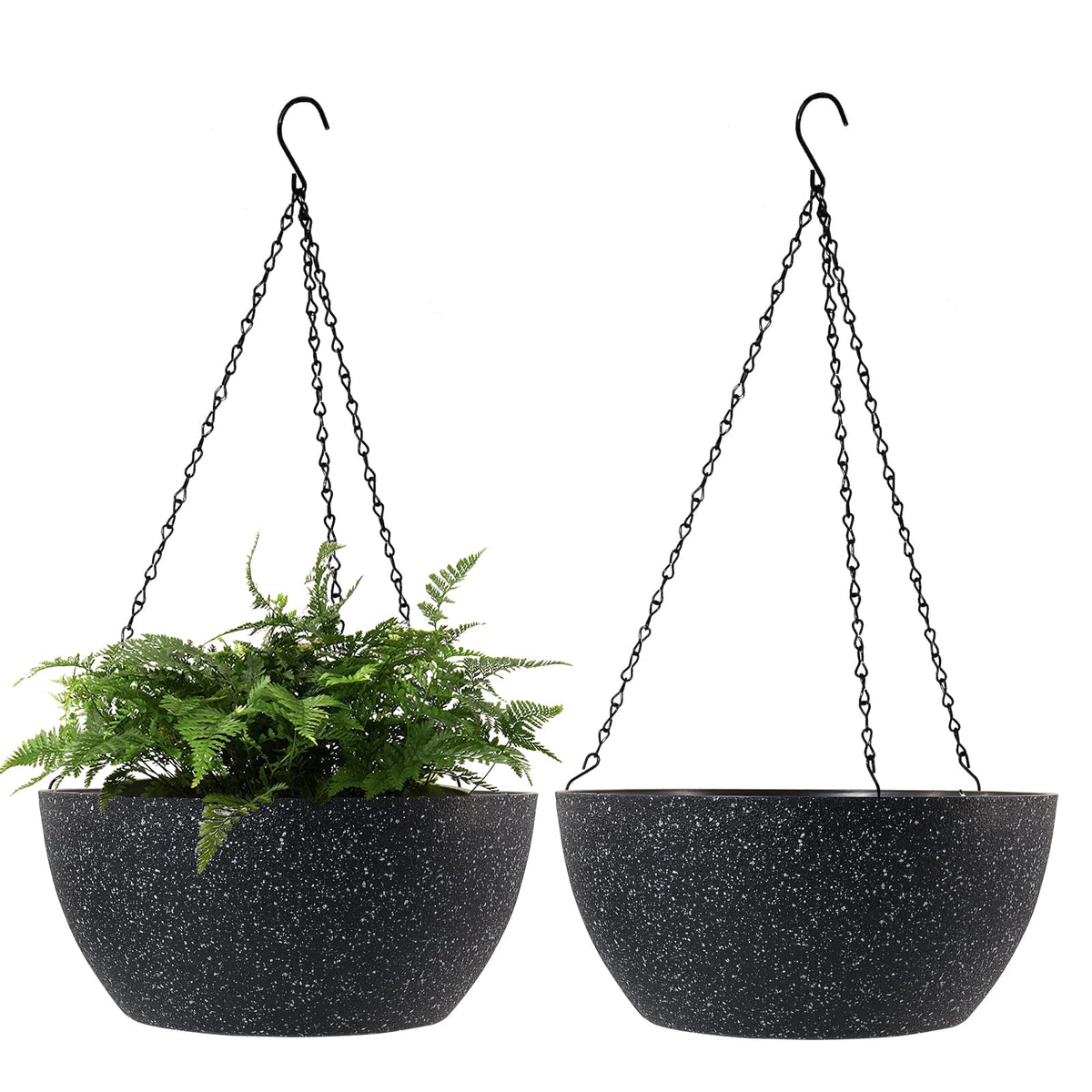 WOUSIWER 13 inch 2Pack Large Hanging Planters for Outdoor Indoor Plants with Drainage Holes and Chain, Round Hanging Flower Pots for Garden Home Porch Decor, Black Speckles