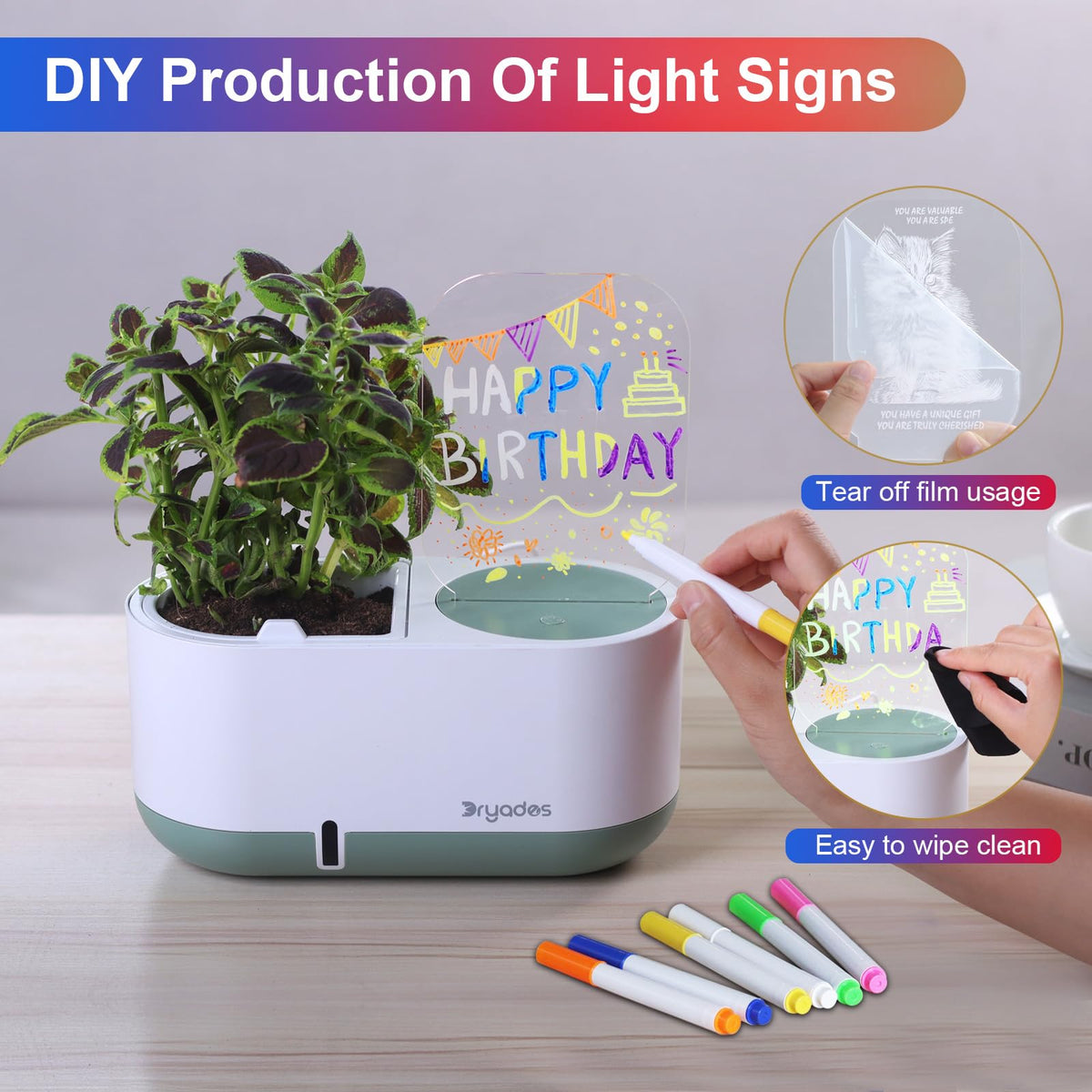 Self-Watering Planter with LED Note Board & 7 Colors Pen Acrylic Message Board with Light Acrylic Dry Erase Board, Led Cat Board Night Light with Planting Pot for Children's Day Gifts(No Plant&Seed)