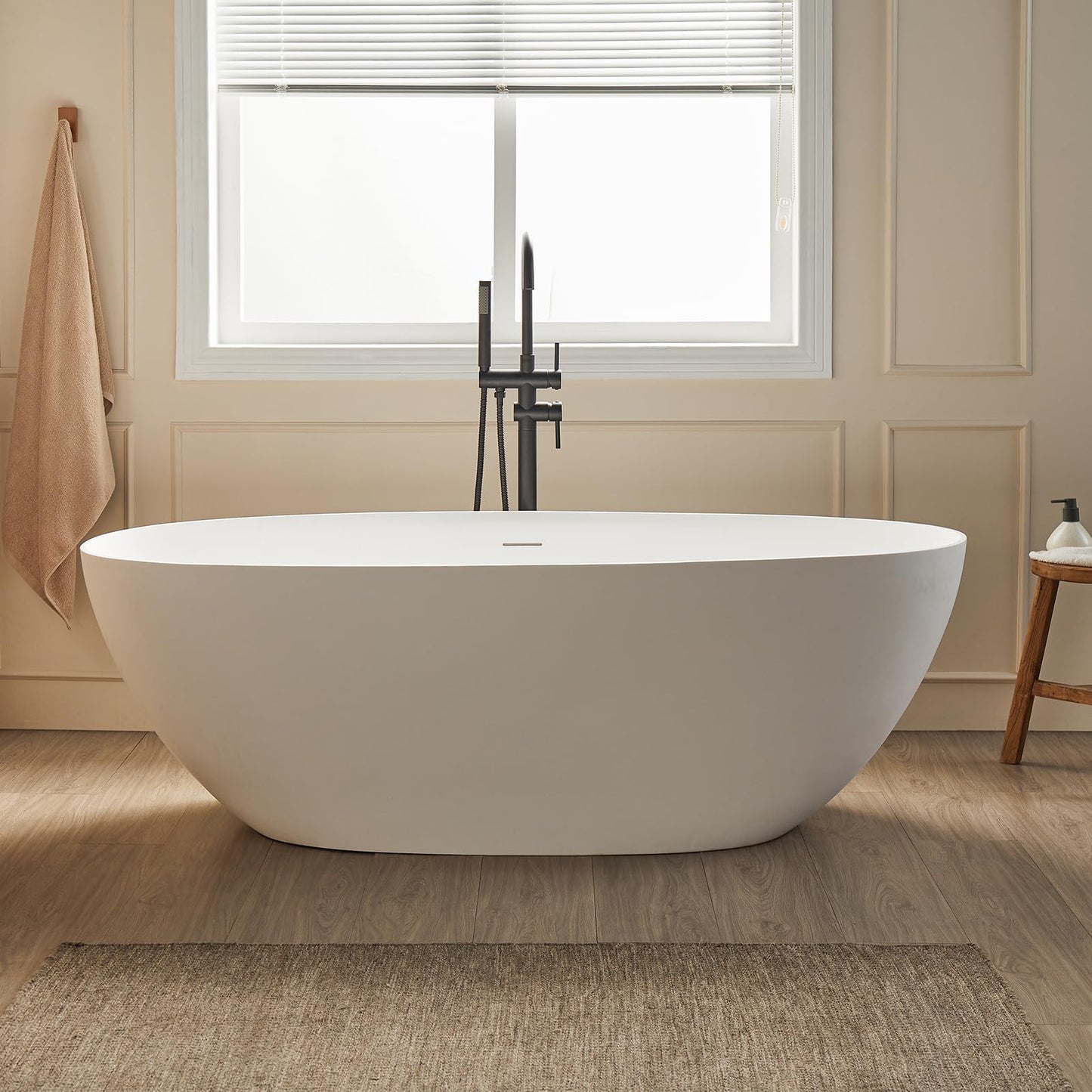 Cpingao 63" Solid Surface Freestanding Bathtub, Modern Oval Shape Soaking Tub, Stone Resin Stand Alone Bathtub with Drain & Integrated Slotted Overflow Matte White 8845-1600