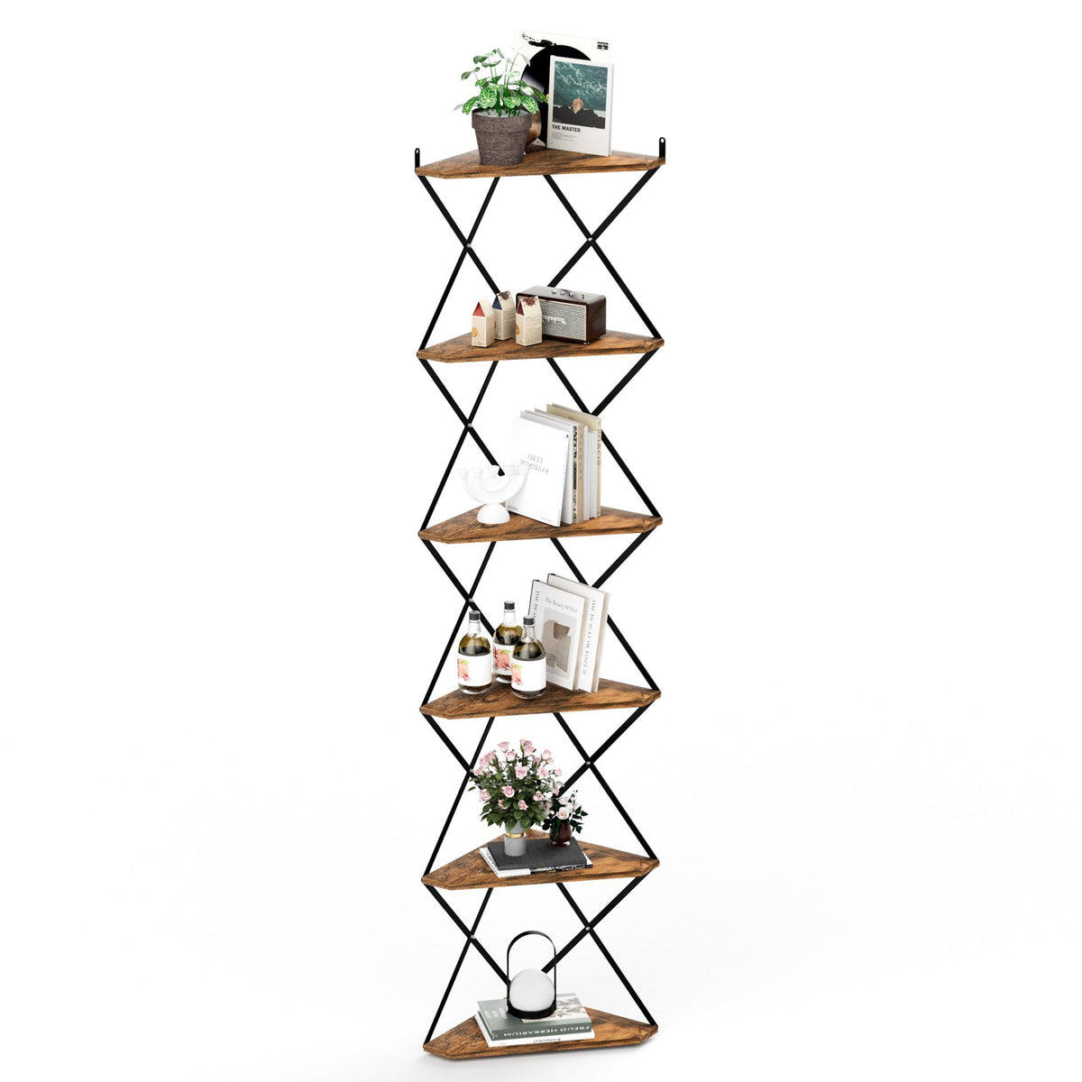IRCPEN 6 Tier Wall Mounted Corner Shelf Stand, Industrial Corner Bookshelf with X Metal Frame, Tall Standing Shelf Organizer, Bookcase, Plant Stand for Living Room, Bedroom Rustic Brown CS-006RB