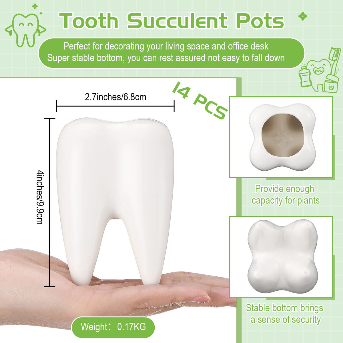 Tooth Shaped Flower Pot Dental Pots Ceramic Modern Style Teeth Pots White Cactus Bonsai Planter Container Small Cute Succulent Plant Pot for Dentists Gift Home Office Decoration, 3.9 Inch (14 Pcs)