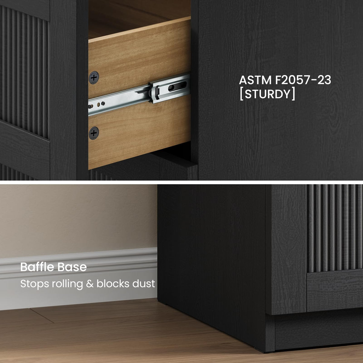 ModernMate 3 Drawer Dresser for Bedroom, Black Wood Grain Wide Nightstand and Chest of Drawers with Wave-Panel Front, 31" Tall Modular Storage Cabinet for Living Room