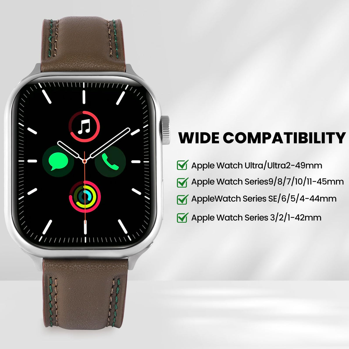 Soft Genuine Leather Band for Apple Watch 49mm 46mm 45mm 44mm 42mm - Women/Men Vintage Retro Replacement Wristband Strap with Metal Buckle for iWatch Ultra 3/2/SE/Series 11/10/9/8/7/6/5/4/3 - Grey