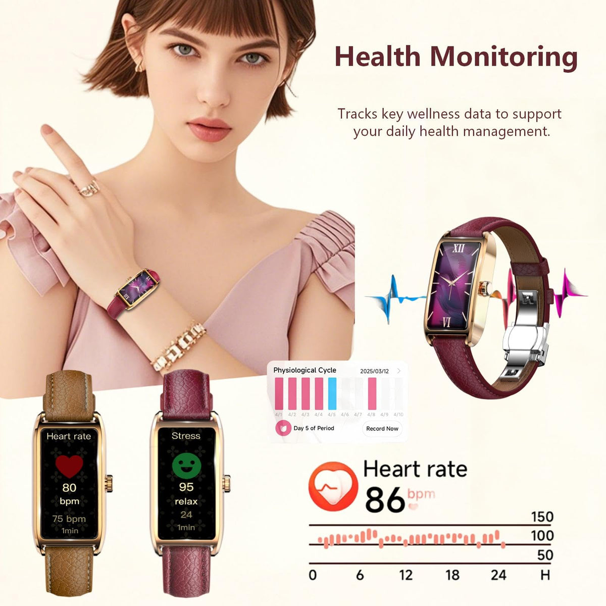 Amoled Laies Smart Watch for Women Smartwatch with Leather Strap Heart Rate Stress Sleep Monitor 12 Sports Modes Fitness Tracker Watch Notifications Music & Camera Control Waterproof iOS Android