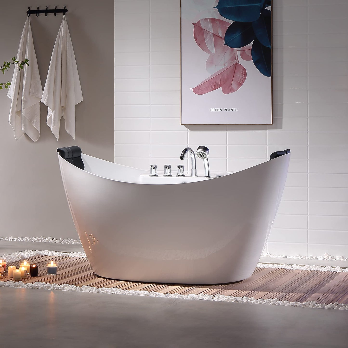 Empava 68 in. Acrylic Freestanding Tub Hydromassage Gracefully Oval Shaped Whirlpool 8 Water Jets Soaking SPA, Double-Ended Massage Bathtub with 2 Black Pillows , White
