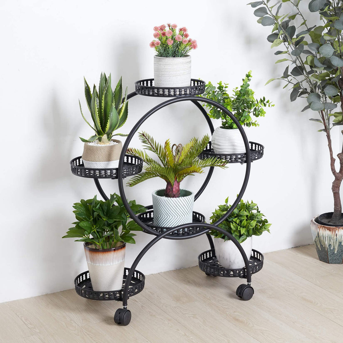 unho Metal Plant Stand 6-Potted: Flower Pot Holder with Wheels 4 Tier Display Shelf Rack for Patio Balcony Yard Garden Home Decor, Black