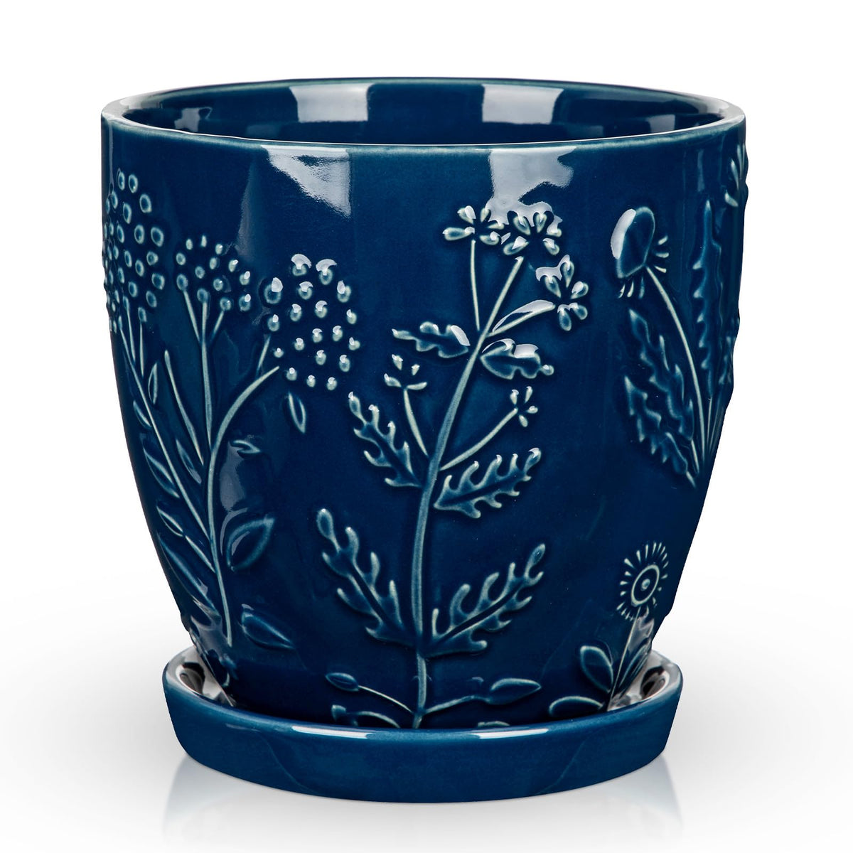 Hollyone 6 Inch Blue Ceramic Planter Flower Plant Pot with Drainage Hole and Saucer for Plants Embossed Indoor Outdoor Garden Embossed Ceramic Glazed Round Pot for Succulent Orchid Floral Pattern