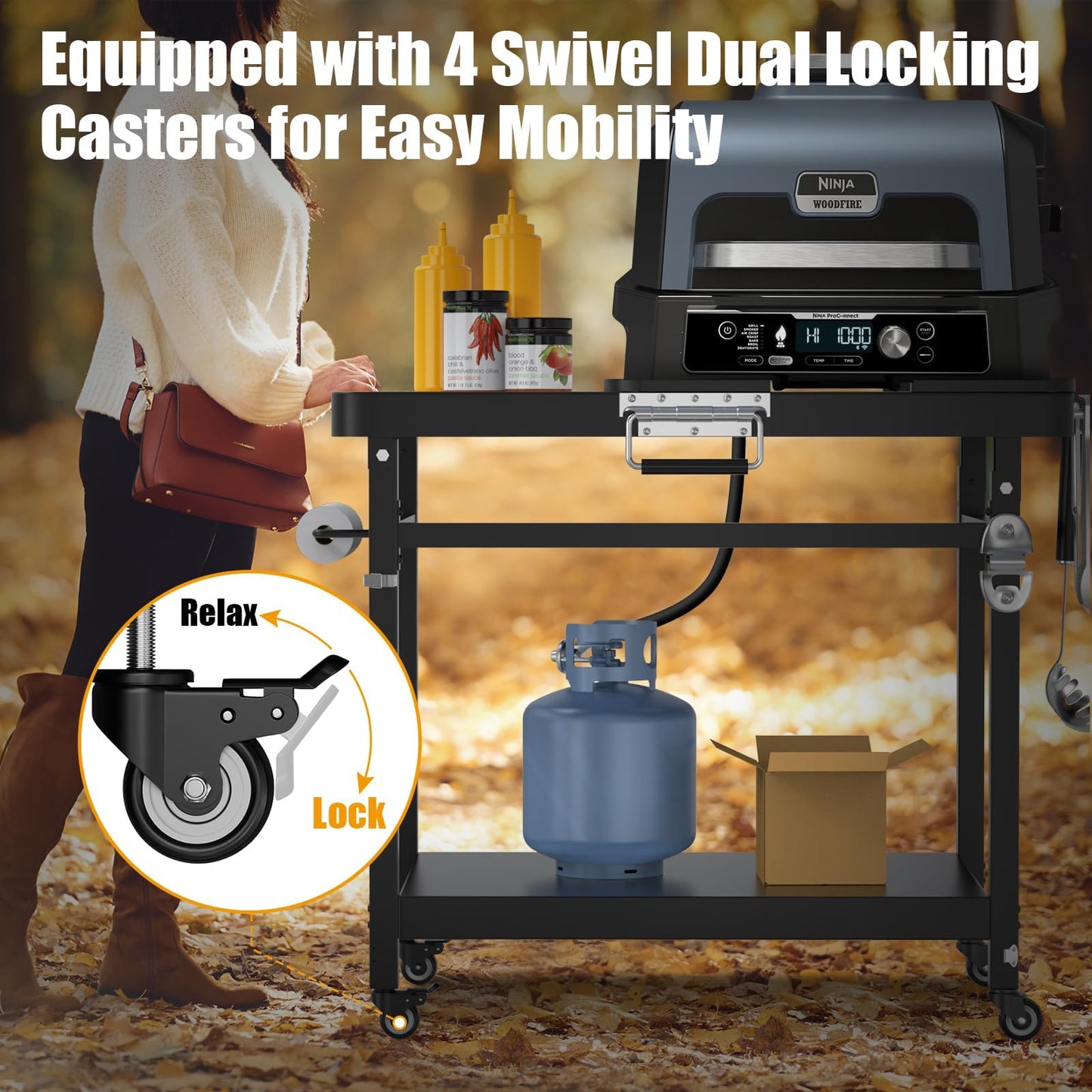 "Universal Grill Stand for Ninja Woodfire Outdoor Grill,Portable Foldable Cart Table, Griddle Pan Compatible with Ninja Woodfire OG951 OG850 OG952 Smoker Accessories"