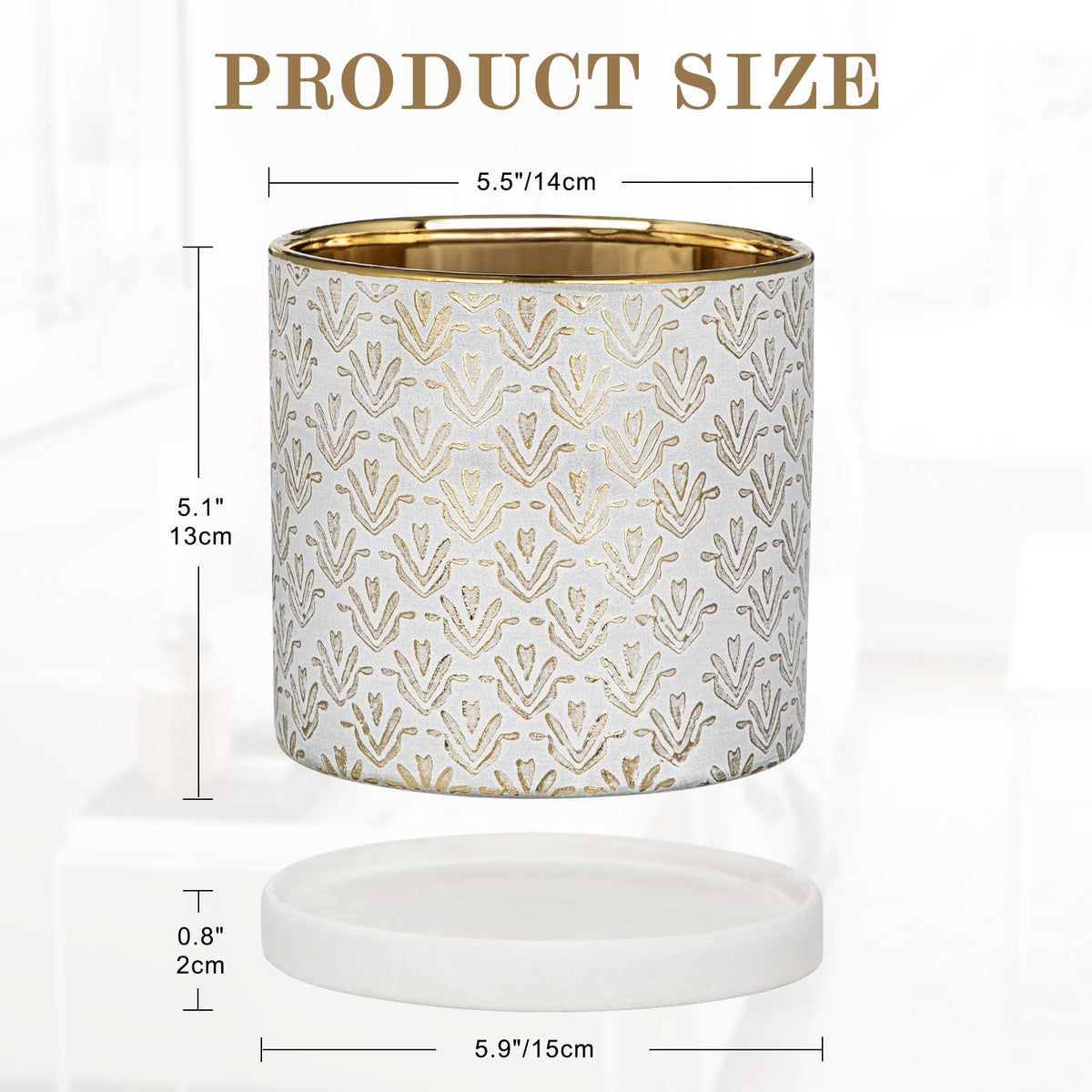 Ceramic Plant Pots with Drainage Hole & Saucer, Gold & White Ceramic Planter Pot for Indoor & Outdoor, 5.5 Inch Small Plant Pots Decorative Flower Pot for Herbs, Cactus, Orchids, Succulents Planters
