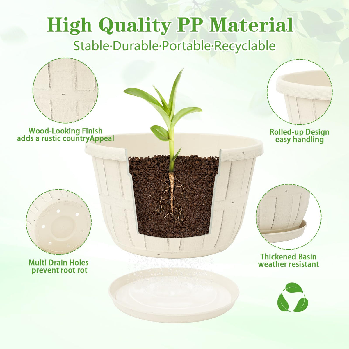 Quarut 10 inch Plastic Flower Pots for Indoor Plants，4 Pack Large Outdoor Planter Pot with Drainage Holes & Saucers，Imitation Wine Barrel Design，for Indoor Outdoor Garden Plants（White）