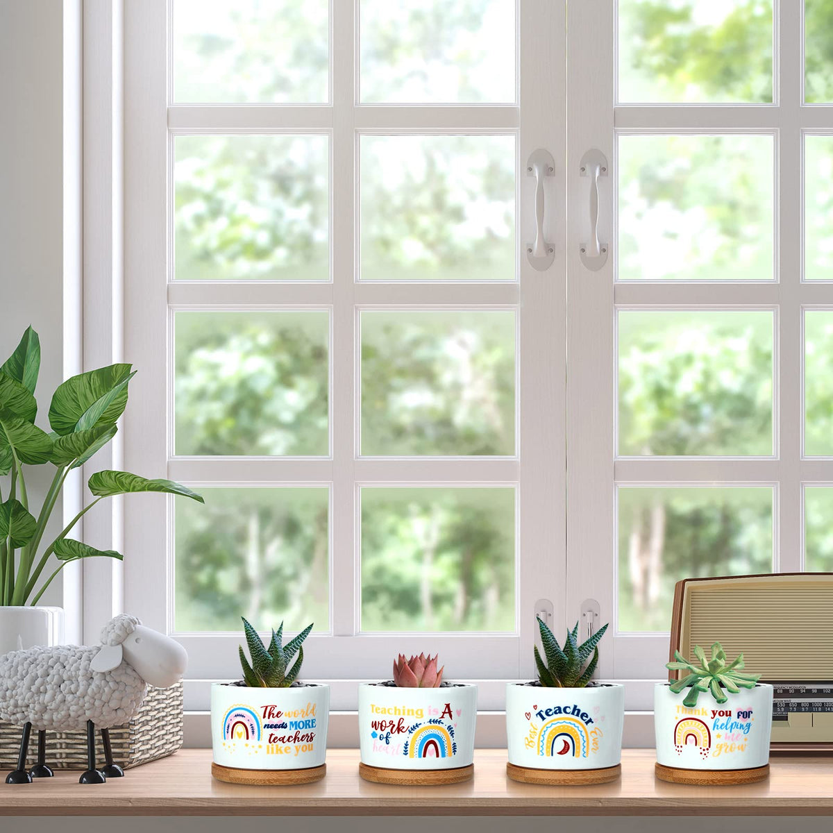Junkin 12 Pcs Thank You Teacher Appreciation Gift Ceramic Plant Succulent Pots with Bamboo Tray Christian Bible Verse Gift Set Card for Employee(Plant Not Included)(Classic)