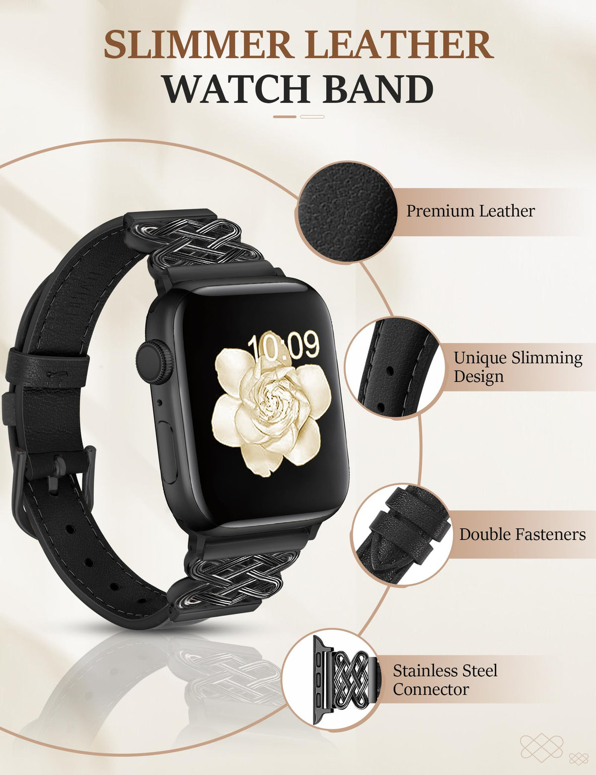 Leather Band for Women Slim Dressy Bands Compatible with Apple Watch 38mm 40mm 41mm 42mm 44mm 45mm 49mm, Designer Interlock Buckle Strap for iWatch Series 11/10/9/8/7/6/5/4/3/2/1/SE/Ultra